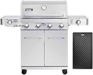 Boost your outdoor cooking experience with Monument Grills' larger propane gas grill, featuring 4 burners and a stainless steel cooking plate. Perfect for big gatherings!