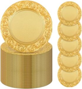 Here is the generated meta description:

"Add elegance to your tables with these gold antique charger plates in bulk, perfect for wedding and party decorations. Embossed floral design on 13'' round plastic dinner plates, ideal for decorative use."