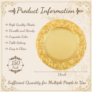 Here is the generated meta description:

"Add elegance to your tables with these gold antique charger plates in bulk, perfect for wedding and party decorations. Embossed floral design on 13'' round plastic dinner plates, ideal for decorative use."