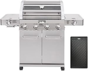 Maximize backyard gatherings with the Monument Grills 4-Burner Propane Gas Grill, featuring stainless steel cabinet style and infrared side sear. Includes two cooking plates and side burners for a perfect outdoor culinary experience.