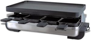 Elevate your outdoor gatherings with the Swissmar Classic Raclette Party Grill, featuring a reversible cast aluminum non-stick grill plate and crepe top for 8-person meals. Perfect for indoor or outdoor use, this stainless steel griller is ideal for samgyupsal nights.