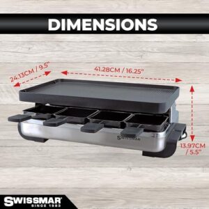 Elevate your outdoor gatherings with the Swissmar Classic Raclette Party Grill, featuring a reversible cast aluminum non-stick grill plate and crepe top for 8-person meals. Perfect for indoor or outdoor use, this stainless steel griller is ideal for samgyupsal nights.