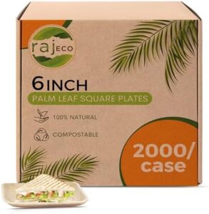 Enjoy elegant and eco-friendly dining with Raj Palm Leaf Plates Bulk's 50-pack of compostable tableware. Perfect for outdoor events, weddings, and daily use, these 6" square plates are strong, decorative, and biodegradable.