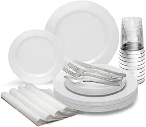 Upgrade your wedding party essentials with this comprehensive 640-piece set, featuring heavyweight plastic plates, cups, silverware, and linen-like napkins for a sophisticated look. Perfect for hosting up to 80 guests!