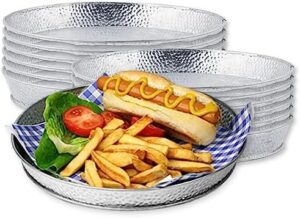 "Enhance your dinner parties with Tablecraft's Galvanized Round Serving Trays, featuring textured silver pebble design and durable steel construction. Includes 12 reusable trays perfect for restaurant, patio or indoor use."