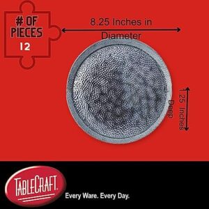 "Enhance your dinner parties with Tablecraft's Galvanized Round Serving Trays, featuring textured silver pebble design and durable steel construction. Includes 12 reusable trays perfect for restaurant, patio or indoor use."