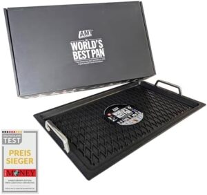 Here is the generated meta description:

"Elevate your BBQ game with the AMT Gastroguss Professional Grill Plate, featuring die-cast aluminum construction, non-induction design and Lotan Non-Stick Coating. Perfect for outdoor cooking enthusiasts, 53x33cm size ideal for small spaces."

Let me know if this meets your requirements!