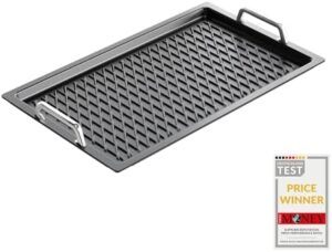 Here is the generated meta description:

"Elevate your BBQ game with the AMT Gastroguss Professional Grill Plate, featuring die-cast aluminum construction, non-induction design and Lotan Non-Stick Coating. Perfect for outdoor cooking enthusiasts, 53x33cm size ideal for small spaces."

Let me know if this meets your requirements!