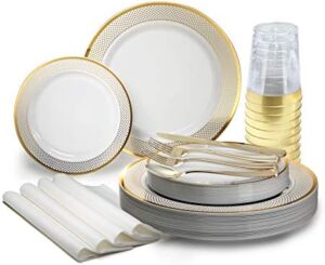 Here is the optimized SEO meta description:

"Complete your special occasion with this 960-piece set of heavyweight plastic plates, cups, silverware, and napkins in white and gold. Perfect for weddings, parties, or everyday use."