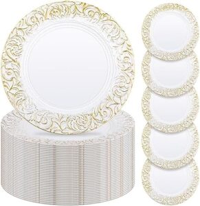 Add elegance to your dinner parties with this Zhehao set of 50 antique charger plates, featuring embossed rim design and plastic construction. Perfect for weddings, events, or everyday use.
