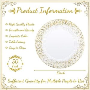 Add elegance to your dinner parties with this Zhehao set of 50 antique charger plates, featuring embossed rim design and plastic construction. Perfect for weddings, events, or everyday use.