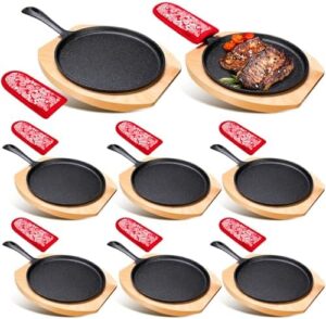 Elevate your cooking experience with 8 Sets Cast Iron Skillet Round Fajita Pans, featuring wooden bases and anti-scald protection. Perfect for kitchen, BBQ, party, or catering service use.