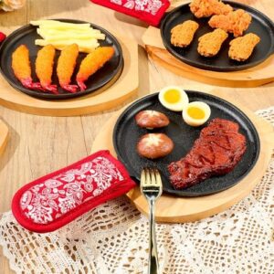 Elevate your cooking experience with 8 Sets Cast Iron Skillet Round Fajita Pans, featuring wooden bases and anti-scald protection. Perfect for kitchen, BBQ, party, or catering service use.