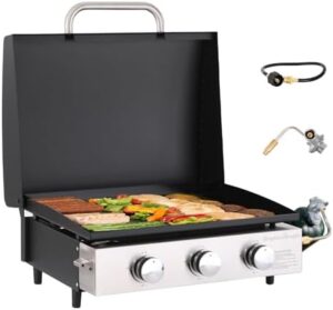 Here is the generated SEO meta description:

"Perfect for outdoor cooking and camping, this 22 inch portable griddle features a ceramic coated cast iron plate, 3 burner flat top, and hood for customizable heat control. Cook up a storm with this propane gas BBQ griddle grill."