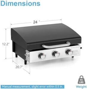 Here is the generated SEO meta description:

"Perfect for outdoor cooking and camping, this 22 inch portable griddle features a ceramic coated cast iron plate, 3 burner flat top, and hood for customizable heat control. Cook up a storm with this propane gas BBQ griddle grill."