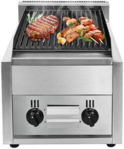 Discover the perfect indoor BBQ experience with this commercial-grade 2-burner radiant broiler grill, ideal for small spaces. Features removable grill plate and compact design for effortless Yakitori grilling. Perfect for LPG or propane gas use!