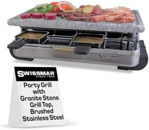 Here is the meta description:

"Host a raclette party with Swissmar's Stelvio grill, featuring granite stone non-stick plates for effortless food release. Perfect for 8 people, this brushed stainless steel grill is ideal for indoor and outdoor use."