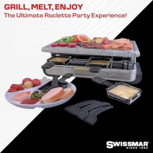 Here is the meta description:

"Host a raclette party with Swissmar's Stelvio grill, featuring granite stone non-stick plates for effortless food release. Perfect for 8 people, this brushed stainless steel grill is ideal for indoor and outdoor use."