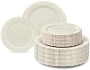 Get the ultimate party essentials with this Vintage Wedding Party Disposable Plastic Plates Set! Includes 240 plates for 120 guests, perfect for dinner, salad, and dessert. Great value for your special occasions.