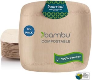 Discover eco-friendly party essentials with Bambu's biodegradable bamboo plates. Perfect for weddings, events, or any occasion, this bulk case of 100 square plates makes a great choice for sustainable celebrations.
