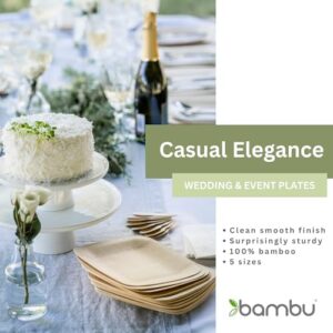 Discover eco-friendly party essentials with Bambu's biodegradable bamboo plates. Perfect for weddings, events, or any occasion, this bulk case of 100 square plates makes a great choice for sustainable celebrations.
