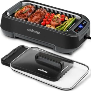 Here is the optimized SEO meta description:

"Elevate your indoor grilling experience with CUSIMAX's Smokeless Electric Grill. Features 1500W power, non-stick grill plate & tempered glass lid. Perfect for easy cleaning and Korean BBQ enthusiasts."
