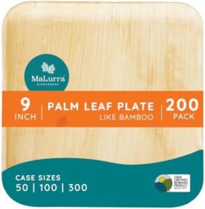 Elevate your events with our compostable palm leaf plates! Strong, eco-friendly, and perfect for hot or cold food service. Enjoy bulk savings on these 200-count, 9" square plates ideal for parties, weddings, BBQs, and catering.