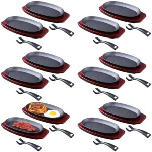 Discover the Mifoci 12-piece cast iron fajita skillet set, featuring wooden bases and handles. Perfect for home cooking, restaurants, or outdoor BBQs, this set includes small sizzling steak plates ideal for autumn parties.