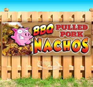 Get ready for game-day snacking with the BBQ Pulled Pork Nachos Banner, a heavy-duty vinyl design with metal grommets and single-sided printing, perfect for outdoor use.