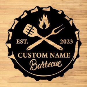 "Add a touch of personalized flair to your backyard with this custom BBQ metal wall sign, perfect for grill enthusiasts and home decor. A unique gift idea for smokers and grilling aficionados."