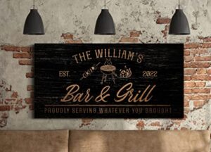 "Enhance your backyard gatherings with this large canvas print of a custom bar and grill sign. Perfect for outdoor decor, it measures 20'' x 40'' and is ideal for kitchens, bars, or grilling areas."