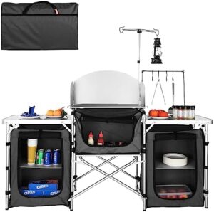 Discover a portable camping kitchen table for outdoor adventures! Aluminum folding design with windshield and 3 cupboard storage. Perfect for picnics, beach parties, or cooking on-the-go.