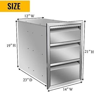 Discover stainless steel outdoor kitchen drawers with flush mount design. Perfect for BBQ island or outdoor kitchens, featuring triple storage compartments and compact dimensions: -14W x 21H x 23D inches.