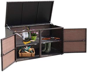 Organize your outdoor living space with the HAPPYGRILL Deck Box, a sturdy wicker storage cabinet perfect for furniture, tools, and gardening essentials.