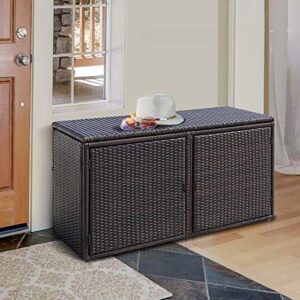 Organize your outdoor living space with the HAPPYGRILL Deck Box, a sturdy wicker storage cabinet perfect for furniture, tools, and gardening essentials.