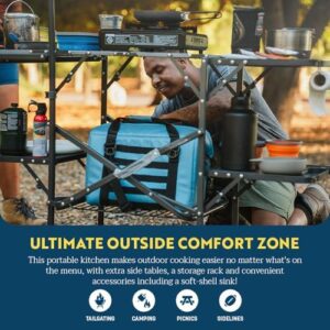 Elevate your camping experience with the GCI OUTDOOR Master Cook Station: a portable folding kitchen table featuring a soft shell sink, heat-resistant tabletop, and telescoping lantern pole. Perfect for outdoor adventures!