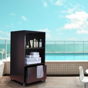 Organize your hot tub essentials with this waterproof pool towel rack featuring rattan wicker design and rolling wheels for easy mobility. Perfect storage cabinet for towels, accessories, and more.