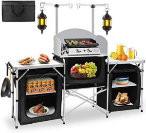 Discover the ultimate outdoor cooking companion - Seeutek Camping Kitchen Table. Foldable design with windscreen & 3 storage cupboards for BBQs, parties & adventures! Perfect for camping trips or backyard gatherings.