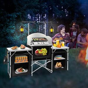 Discover the ultimate outdoor cooking companion - Seeutek Camping Kitchen Table. Foldable design with windscreen & 3 storage cupboards for BBQs, parties & adventures! Perfect for camping trips or backyard gatherings.