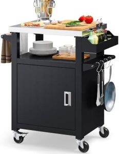 Enhance your outdoor gatherings with the YITAHOME 25 Inch Rolling Bar Cart featuring a stainless steel top and storage cabinet. Perfect for patio or kitchen prep, this cart offers ample space for grilling accessories, all in a sleek black design.