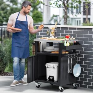 Enhance your outdoor gatherings with the YITAHOME 25 Inch Rolling Bar Cart featuring a stainless steel top and storage cabinet. Perfect for patio or kitchen prep, this cart offers ample space for grilling accessories, all in a sleek black design.