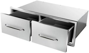Elevate your outdoor kitchen experience with stainless steel drawers featuring double compartments and chrome hardware. Perfect for patio grill stations or islands, these durable drawers provide ample storage and organization.