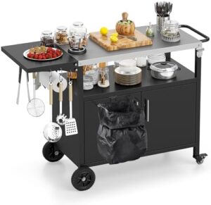Elevate your outdoor cooking experience with the Giantex Outdoor Grill Cart. Features include a stainless steel top, foldable side table, and movable pizza oven stand on wheels. Perfect for backyard BBQs!