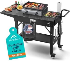 Here is the optimized SEO meta description:

"Elevate your outdoor grilling experience with APSARAS' portable grill cart, featuring a foldable design, wheels, and seasoning tray for Blackstone Griddle Stand. Perfect for 17" or 22" griddles."