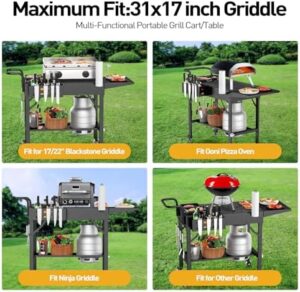 Here is the optimized SEO meta description:

"Elevate your outdoor grilling experience with APSARAS' portable grill cart, featuring a foldable design, wheels, and seasoning tray for Blackstone Griddle Stand. Perfect for 17" or 22" griddles."