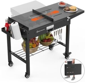 Elevate your outdoor cooking with this portable grill table featuring a folding design, wheels, and adjustable tabletop. Perfect for camping, BBQs, or cooking up to 400 lbs.