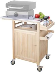 Here is the output:

"Cook up a storm outdoors with COOLBEBE's Portable Outdoor Grill Table featuring storage, solid wood construction, and stainless steel top for effortless grilling, perfect for BBQs and gatherings!"