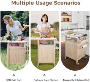 Here is the output:

"Cook up a storm outdoors with COOLBEBE's Portable Outdoor Grill Table featuring storage, solid wood construction, and stainless steel top for effortless grilling, perfect for BBQs and gatherings!"