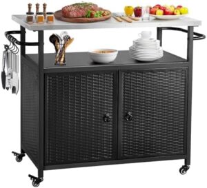 Elevate your outdoor living space with this versatile storage cabinet featuring a stainless steel top and wheels. Perfect for patio bars, kitchens, or backyards!