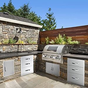 Elevate your outdoor kitchen with these stainless steel drawers featuring triple access points and a handle. Perfect for patio grill stations or BBQ islands, dimensions 14x23x21 inches. Enjoy savings with our exclusive discounts!